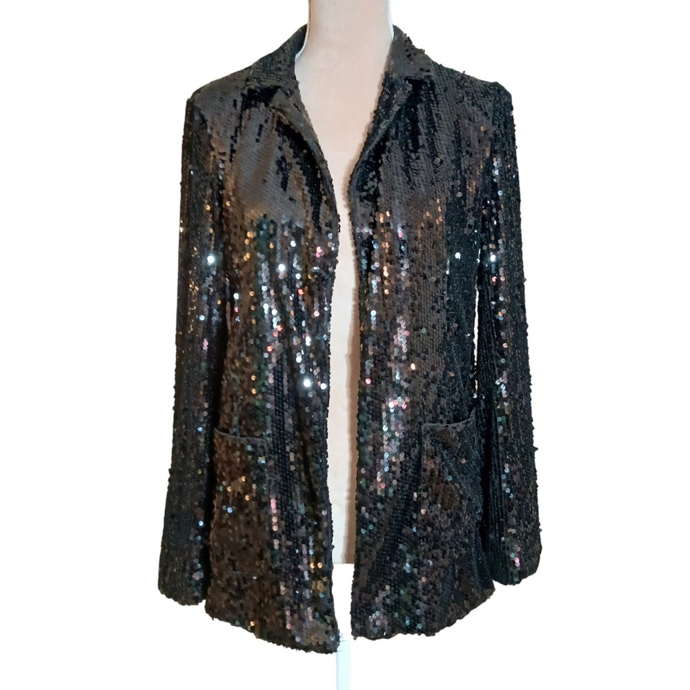 Kancy Kole Medium Womens Black Sequin Blazer Open Front Party Jacket Festival